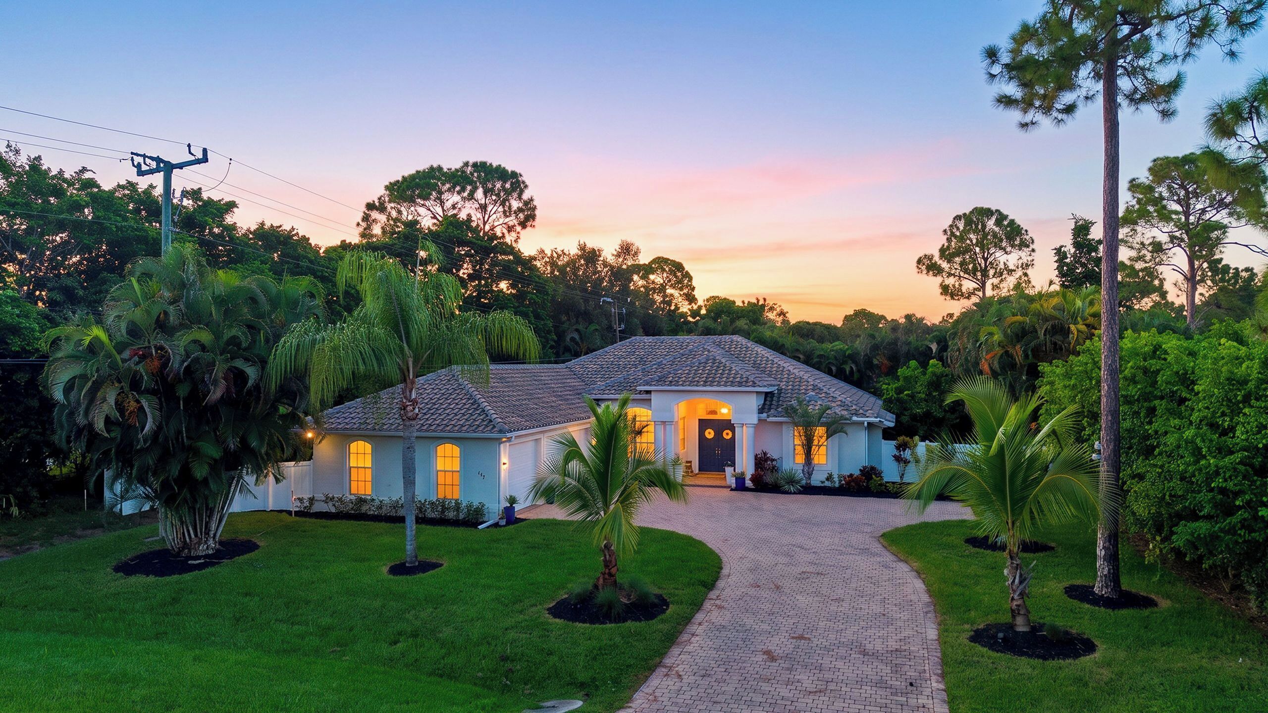 A two-story house with a tiled roof, surrounded by lush greenery and a paved driveway.