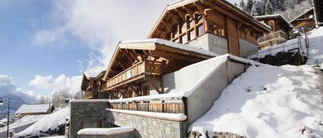 Un chalet en bois, avec des fondations en pierre, se dressant sur un fond de montagnes enneigées.