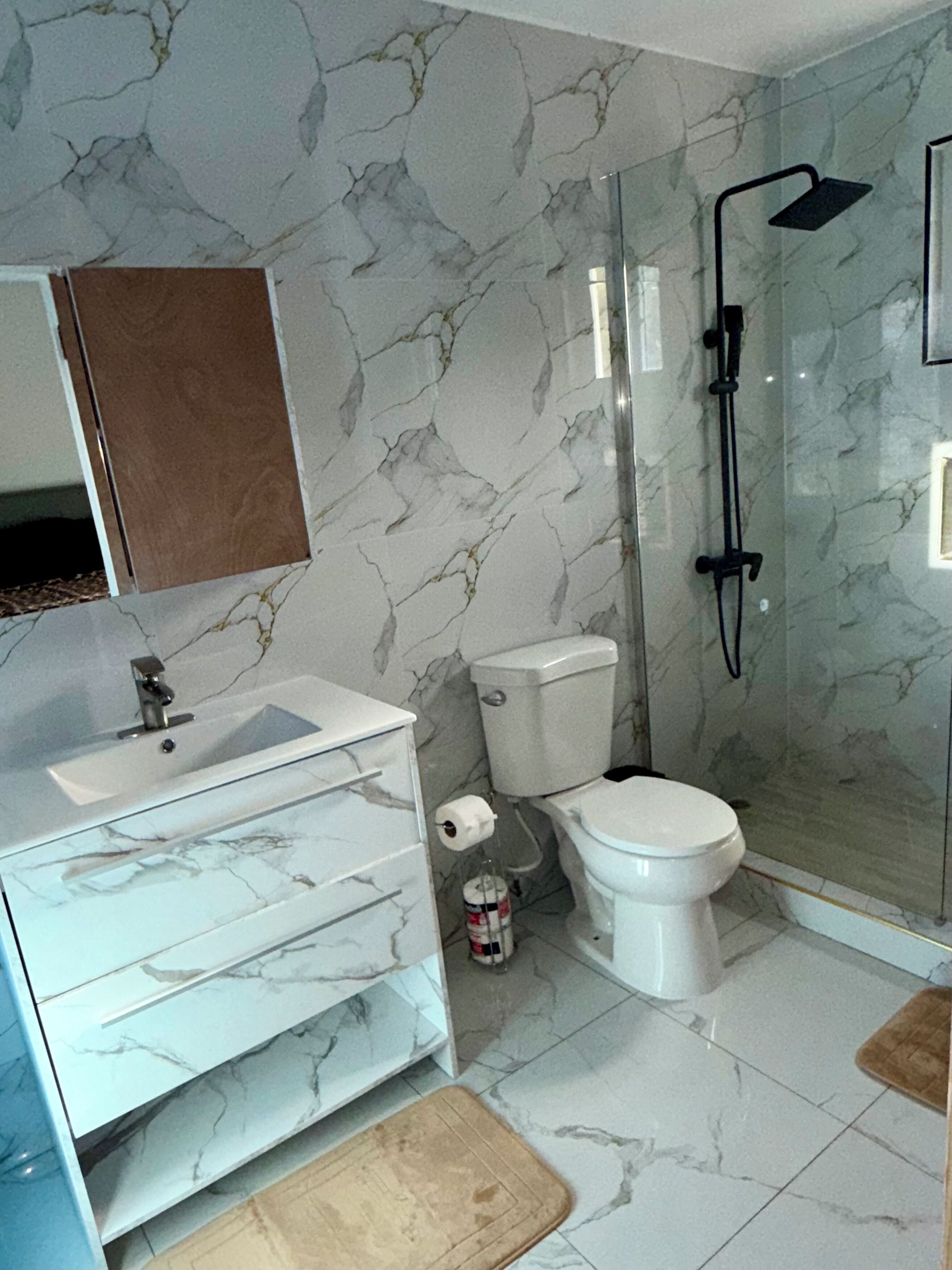 Une salle de bain avec un meuble-lavabo en marbre, des toilettes, une douche en verre et un petit tapis.