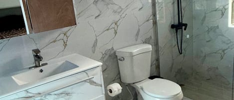 Un bany amb un tocador de marbre, un vàter, un cubicle de dutxa de vidre i un petit estri.