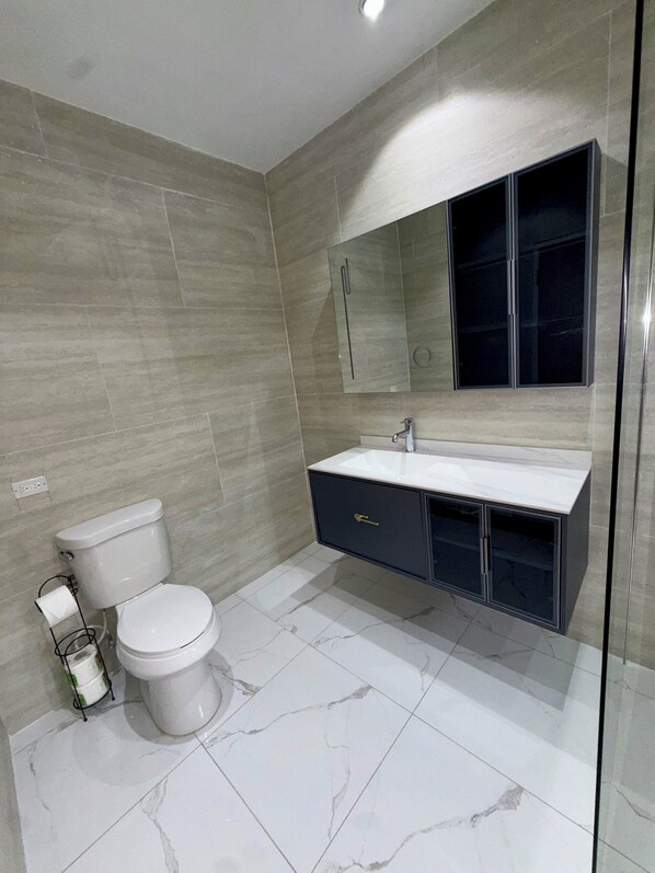 A modern bathroom with a toilet, sink, and mirror.