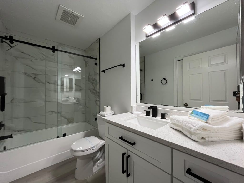 A modern bathroom with a glass-enclosed shower, a white toilet, and a vanity with a large mirror.