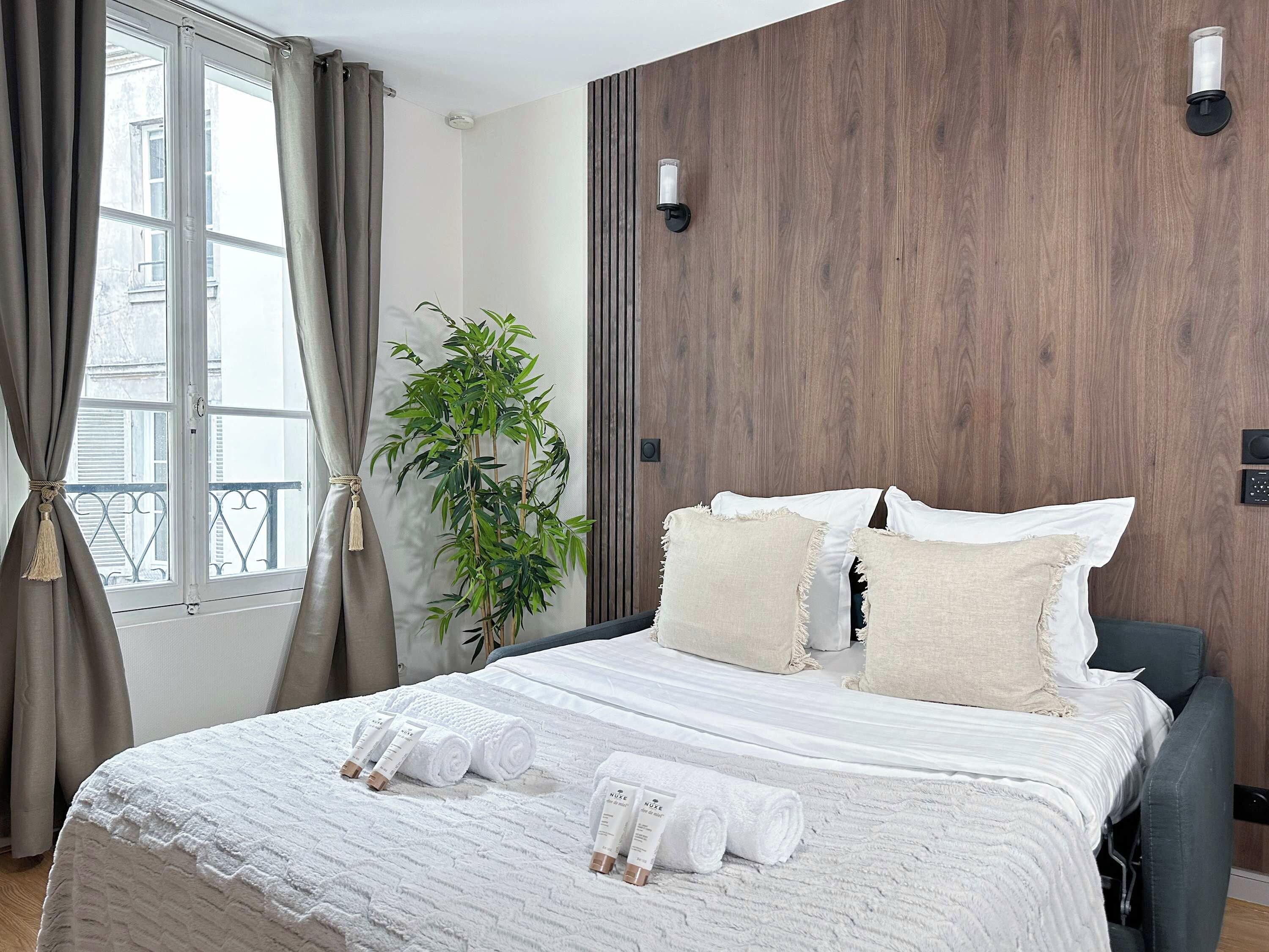 A hotel room with a bed, a potted plant, and a view of the outside.