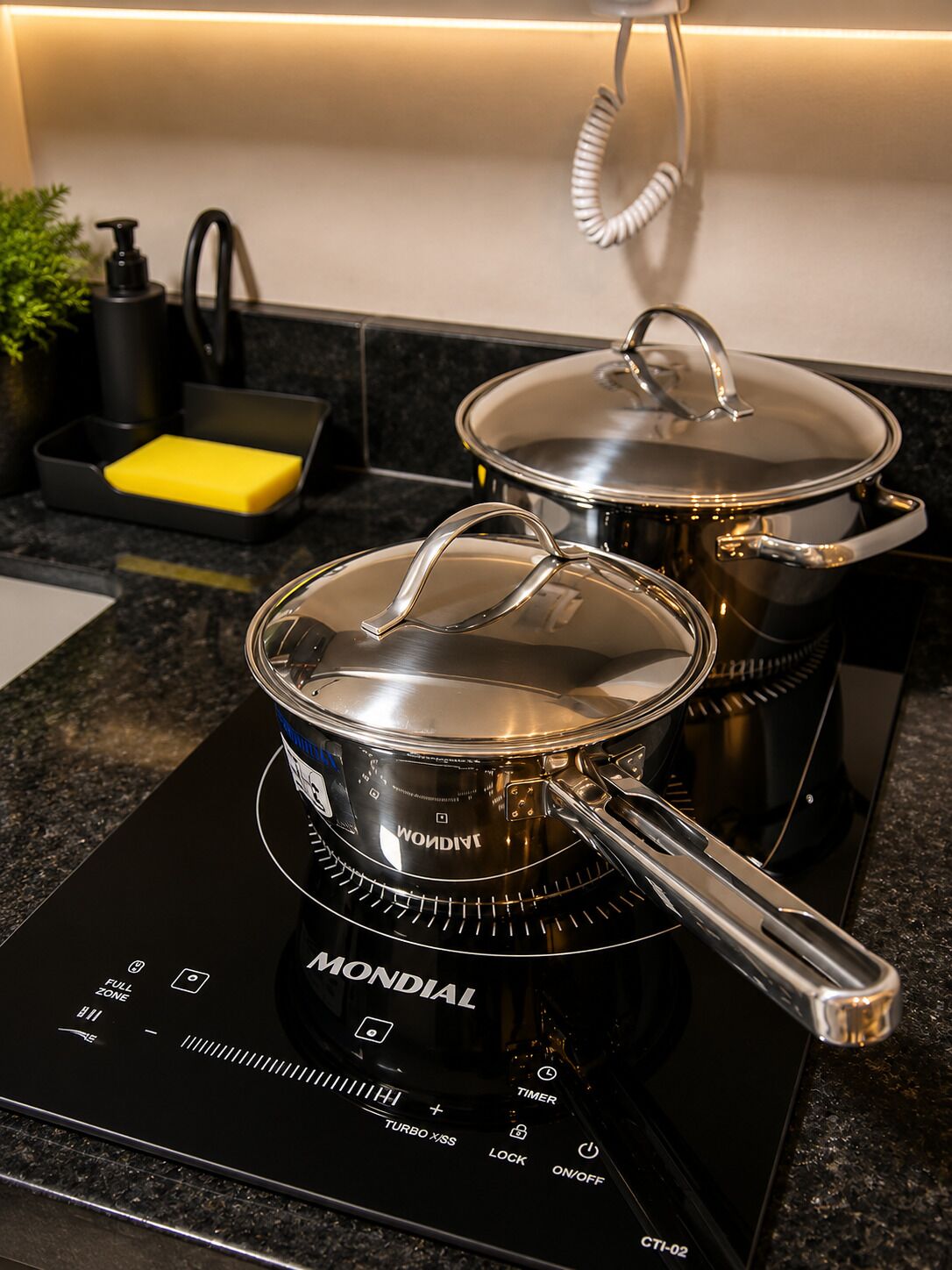 A kitchen with a black induction cooktop, two stainless steel pots, a yellow sponge, and a black soap dispenser.