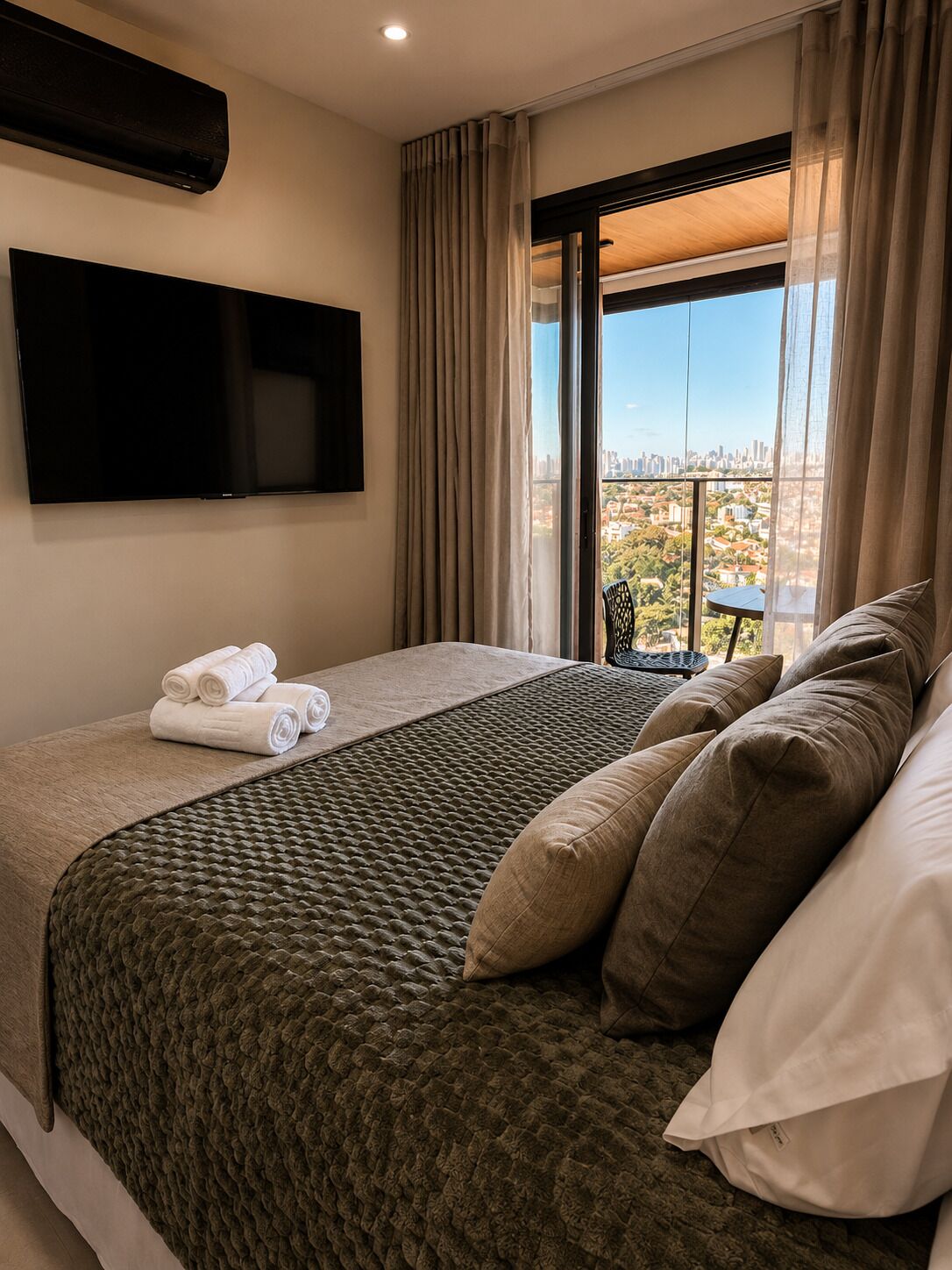 A hotel room with a large bed, a flat-screen TV mounted on the wall, a balcony with a city view, and a table with a chair outside.