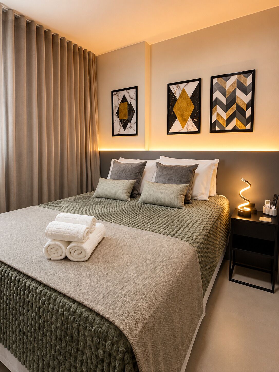 Un lit bien fait, avec une couverture et des oreillers, une table de chevet avec une lampe et un téléphone, et des œuvres d’art accrochées au mur.