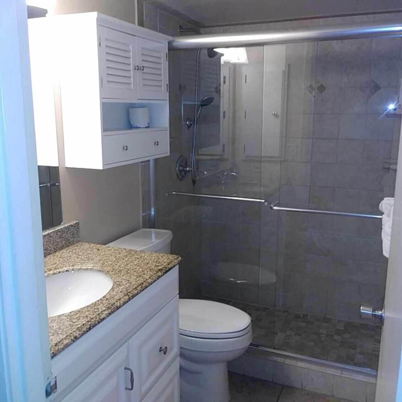 A bathroom with a glass-enclosed shower, a white toilet, and a granite countertop sink.
