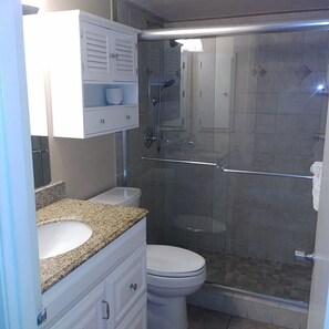 Ein Badezimmer mit einer Duschkabine, einer weißen Toilette und einem Waschbecken mit Granitplatte.