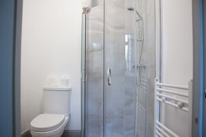 Ein Badezimmer mit einer Duschkabine, einer Toilette und einem Handtuchhalter.