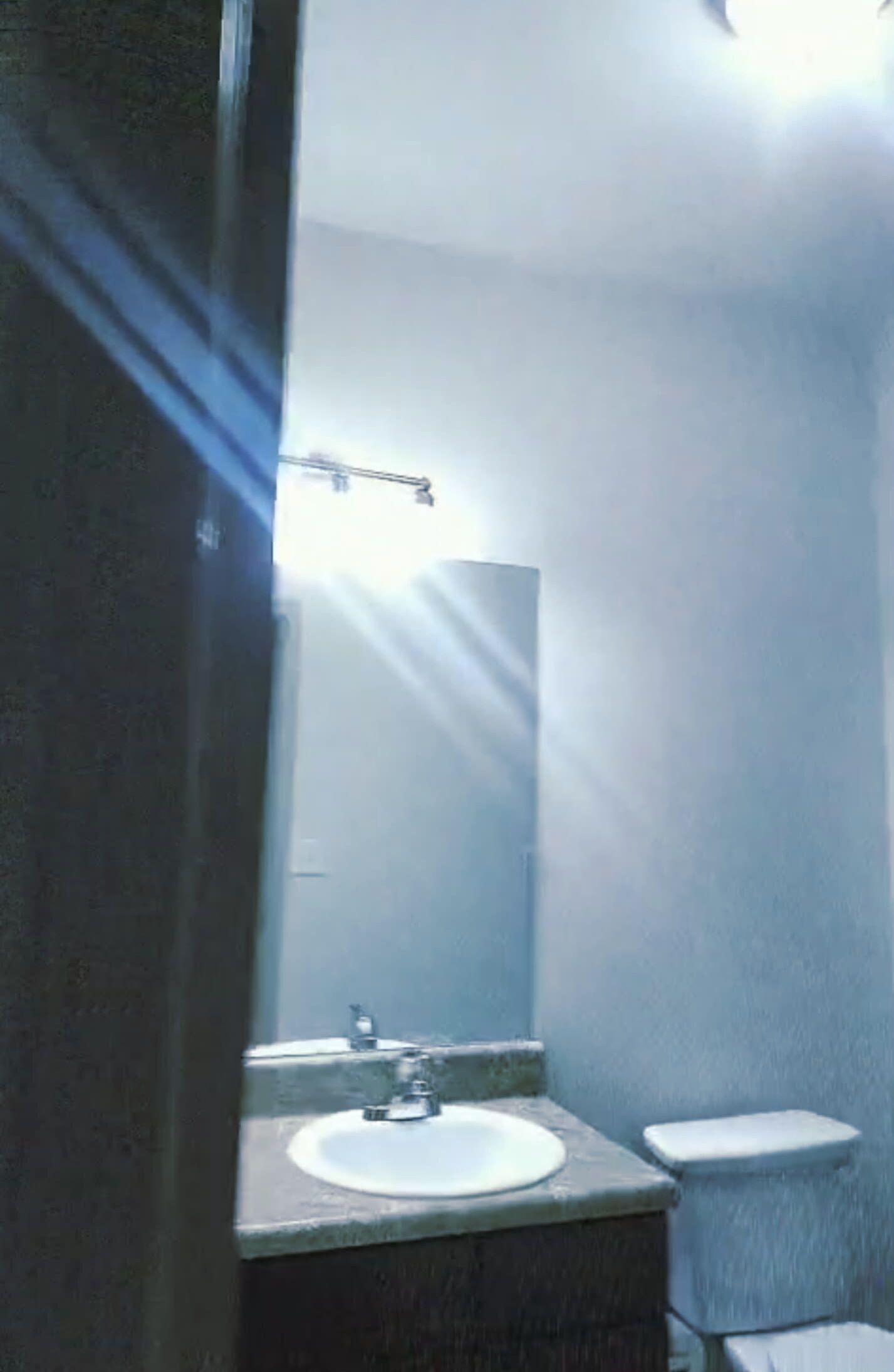 Une salle de bain avec un lavabo, un miroir et des toilettes.