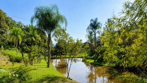 A tranquil riverside landscape with lush greenery and a clear sky.
