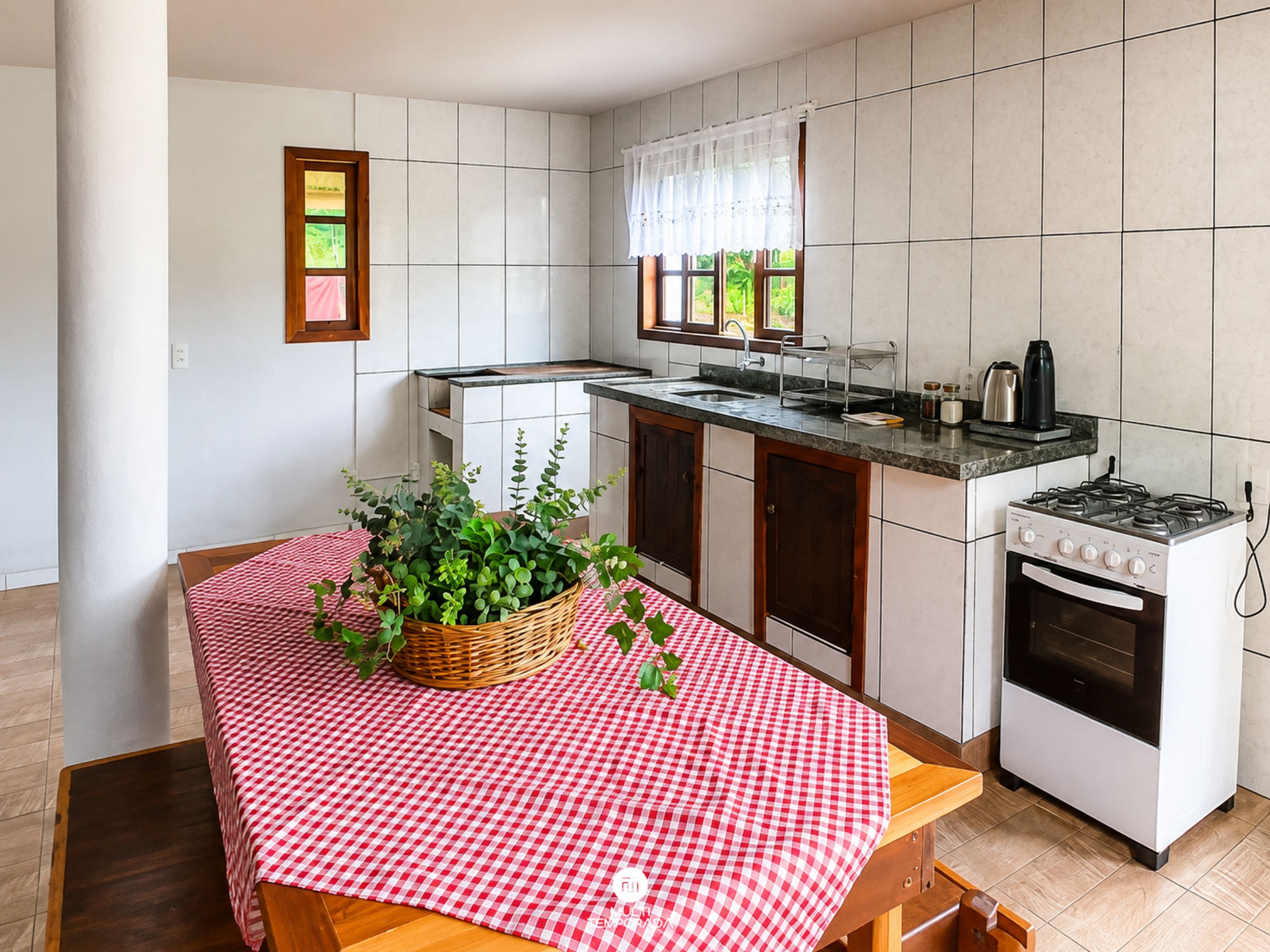 Family Cabin (Cabana Palmeira) | Private kitchen | Microwave, cookware/dishes/utensils, dining tables, kitchen islands