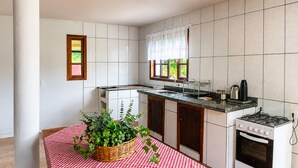 A kitchen with a checkered tablecloth, a basket of green plants, a stove, and a window with a view of greenery.