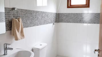 A bathroom with a sink, toilet, and shower area.