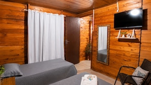 A room with two beds, a TV, a mirror, and a chair.