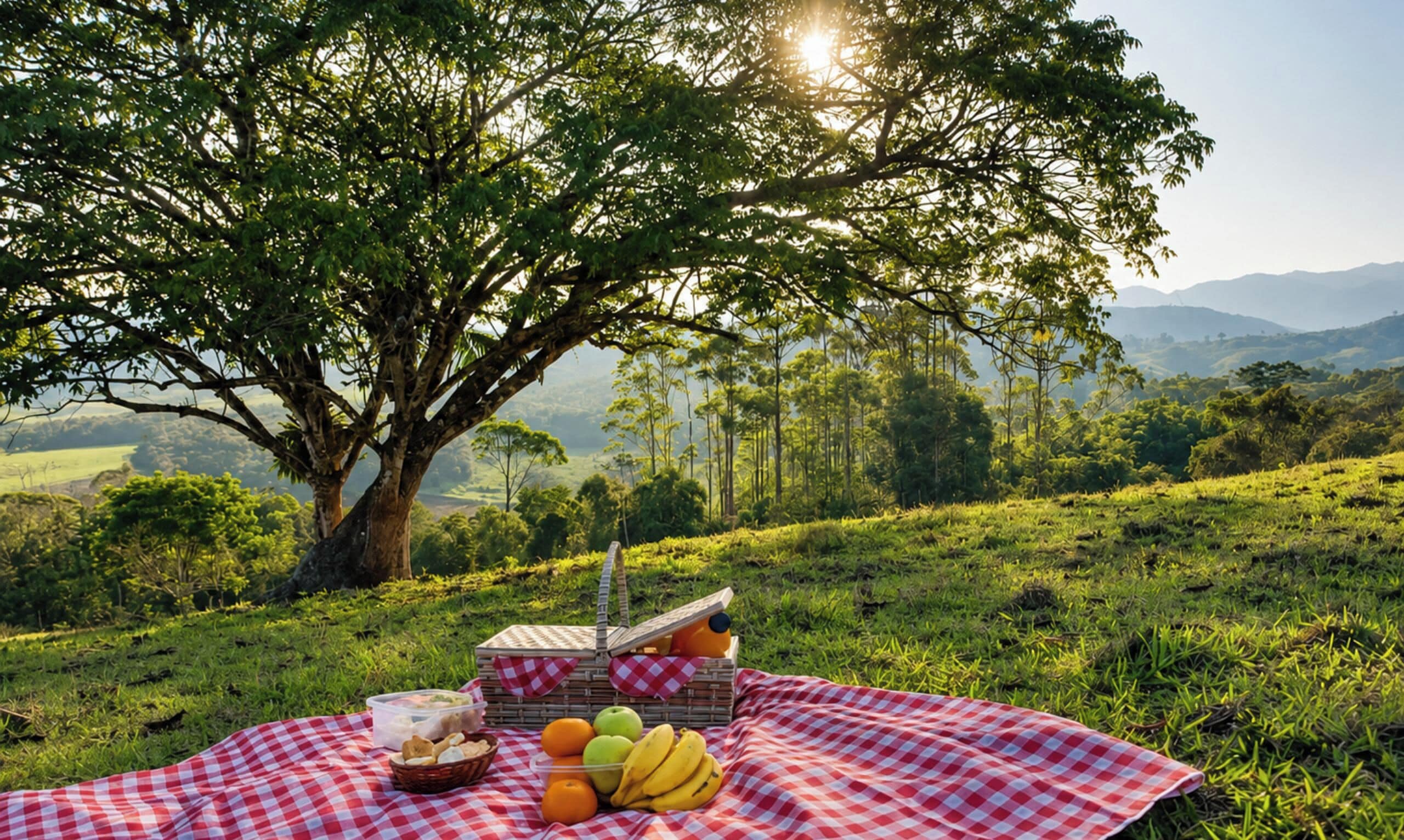 Ein Picknick mit kariertem Tuch, Essen und einer Picknickkorb unter einem Baum.
