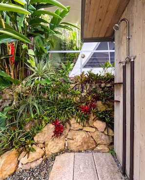 A garden with various plants and a wooden door. - Private glamping for 2 at VI National Park - Peaceful tropical escape (St John)