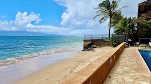 A beach with a swimming pool, palm trees, and a stone wall. - Welcome to our beachfront Maui 'Ohana! - Steps to the beach! (Lahaina)