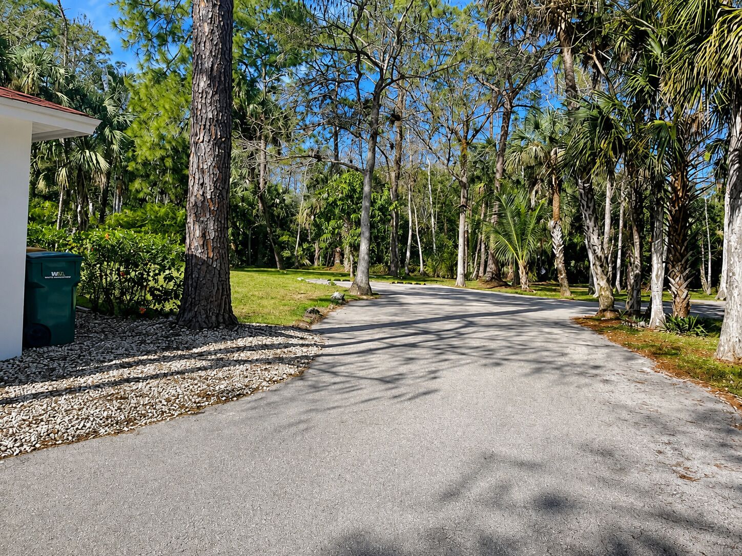 Une allée pavée mène à un bâtiment à côté duquel se trouve une poubelle verte, le tout étant entouré d’arbres et de verdure.