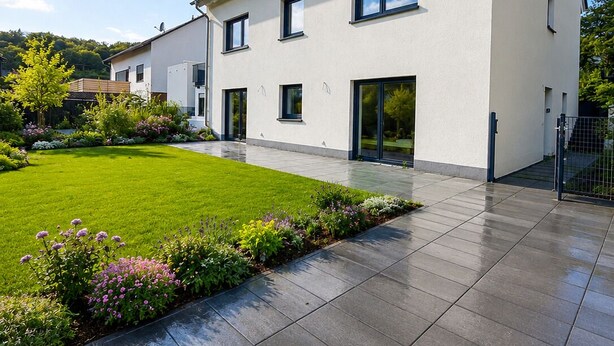 A modern two-story building with a flat roof, large windows, and a well-maintained lawn. - The Golden Sunset Villa Wiesbaden (Schlangenbad)