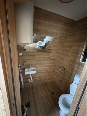A compact bathroom with a toilet, sink, and shower. - Haskoviçin Aliora Heritage eseri (Bijelo Polje)