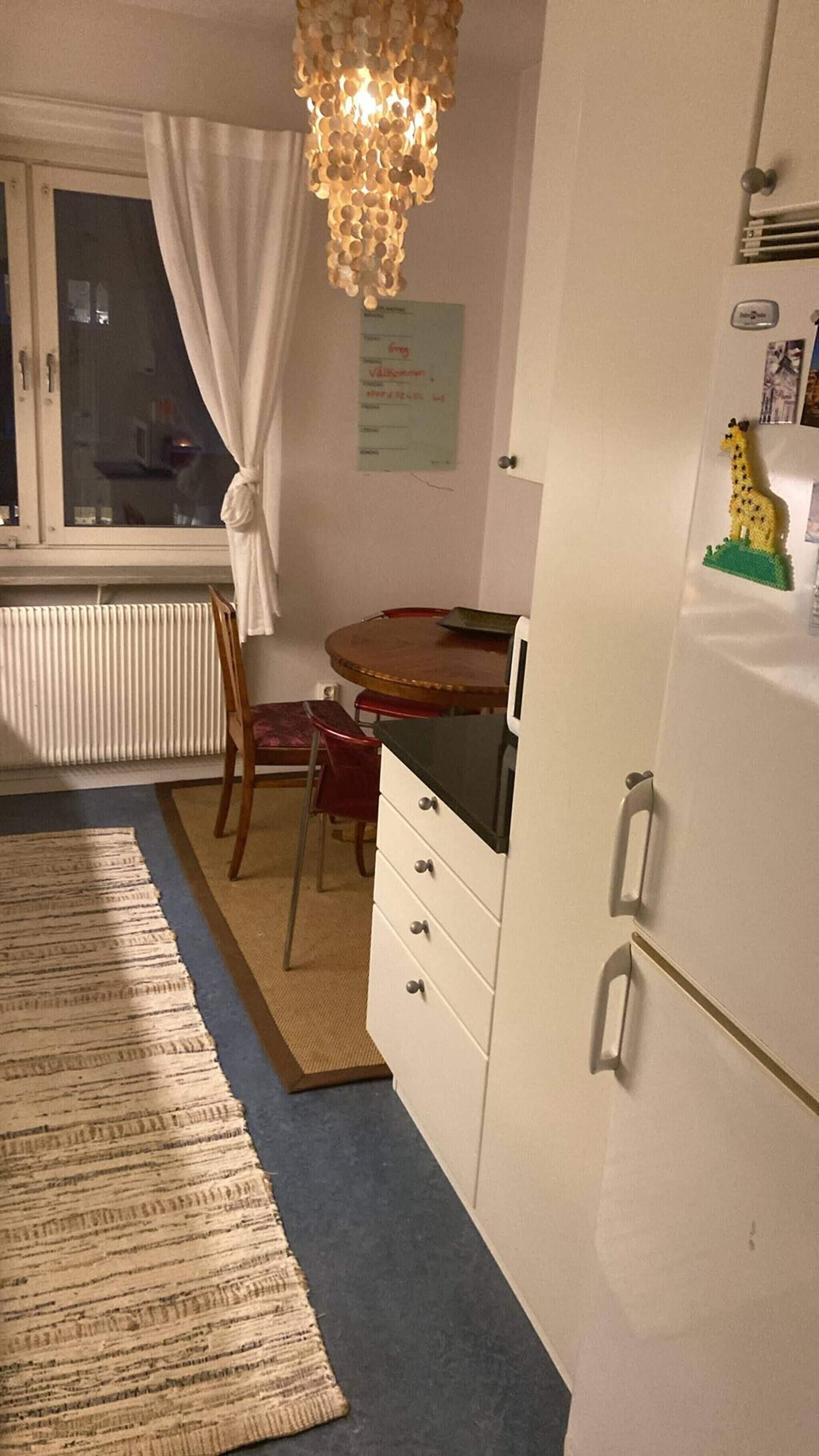Una cocina compacta con refrigerador, una mesa de comedor con sillas, una lámpara colgante y un radiador.
