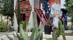 A building with a staircase leading to a door, surrounded by cacti and plants.
