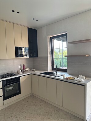 A modern kitchen with a built-in oven, a gas stove, a sink, and a window with a view of greenery.