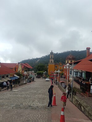 A cobblestone street with buildings, a bell tower, and a dome.