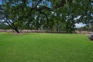 A grassy outdoor area with trees and a fence. - F'burg Wine Trail HQ 2BR Dog Friendly | Patio (Fredericksburg)