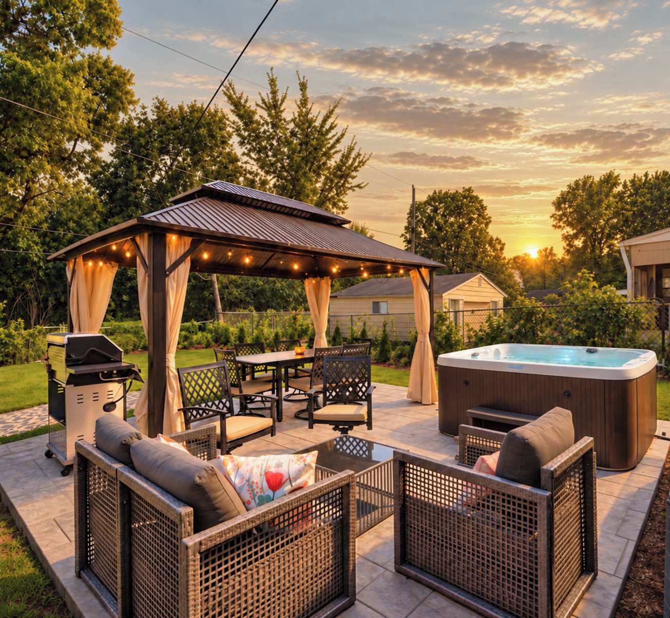 Un patio exterior con zona de estar cubierta, una parrilla y un jacuzzi.