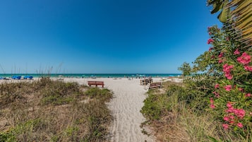 A sandy beach path leading to the ocean with beach chairs and umbrellas.