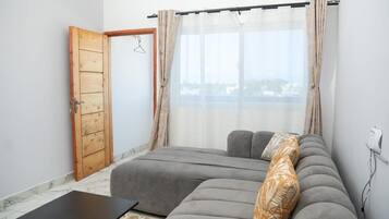 A room with a grey sofa, a wooden door, a window with sheer curtains, and a view of a cityscape.