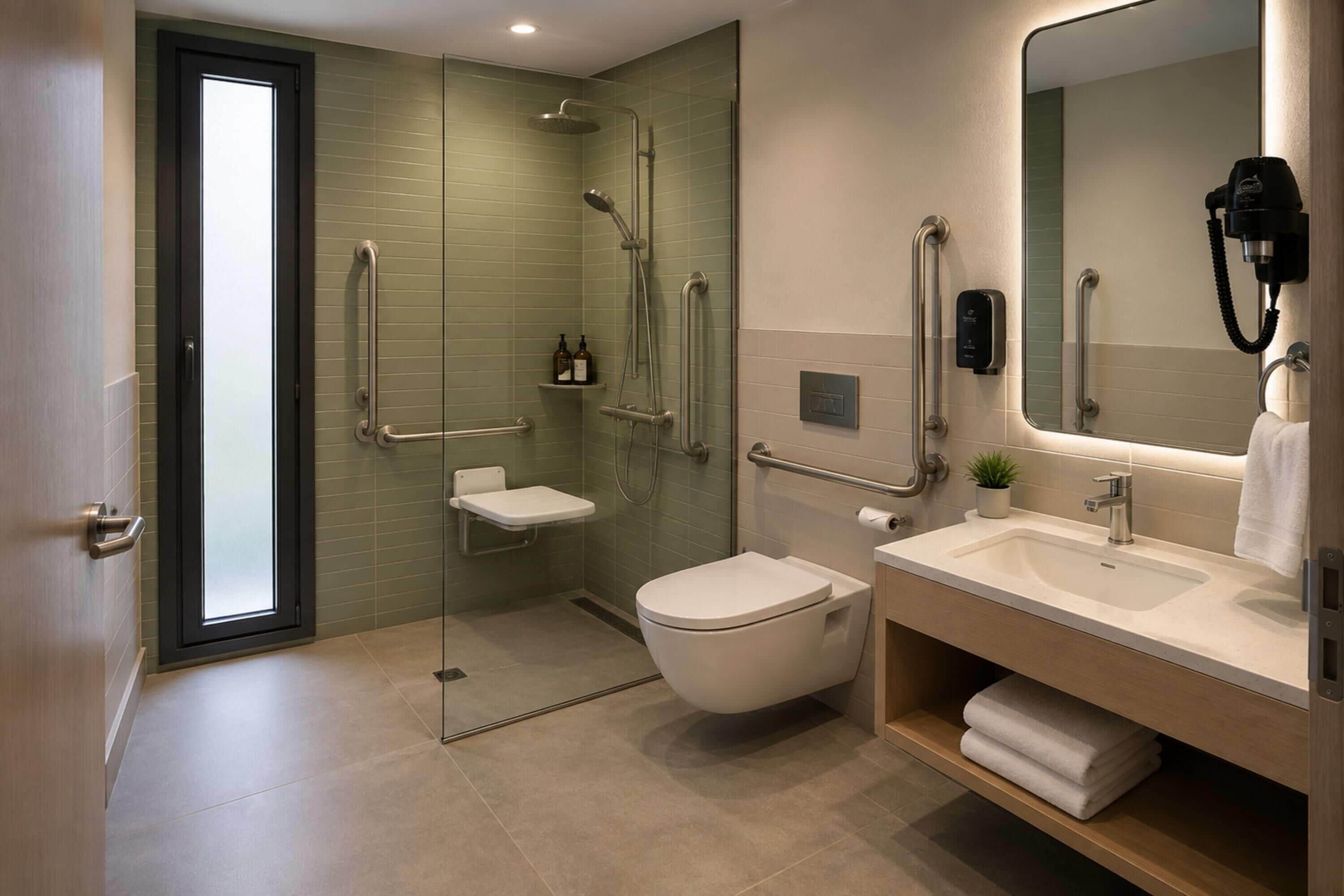 Un baño moderno con ducha envuelta en vidrio, inodoro, lavabo y espejo.