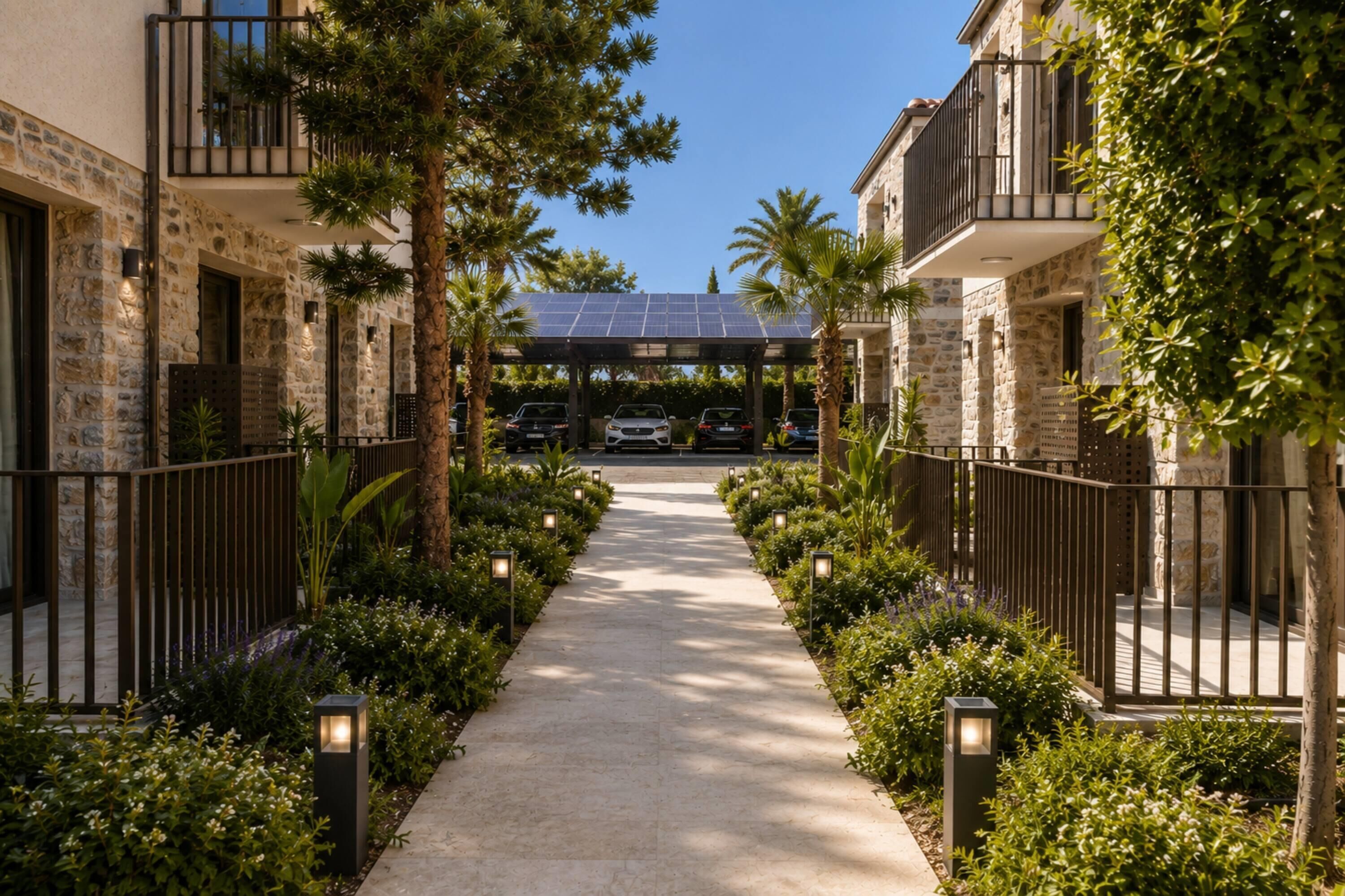 A pathway leading to a building with a solar panel roof, surrounded by greenery and a fence.