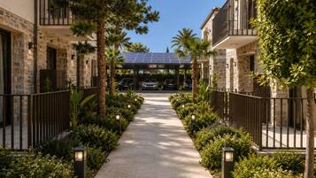 A pathway leading to a building with a solar panel roof, surrounded by greenery and a fence.