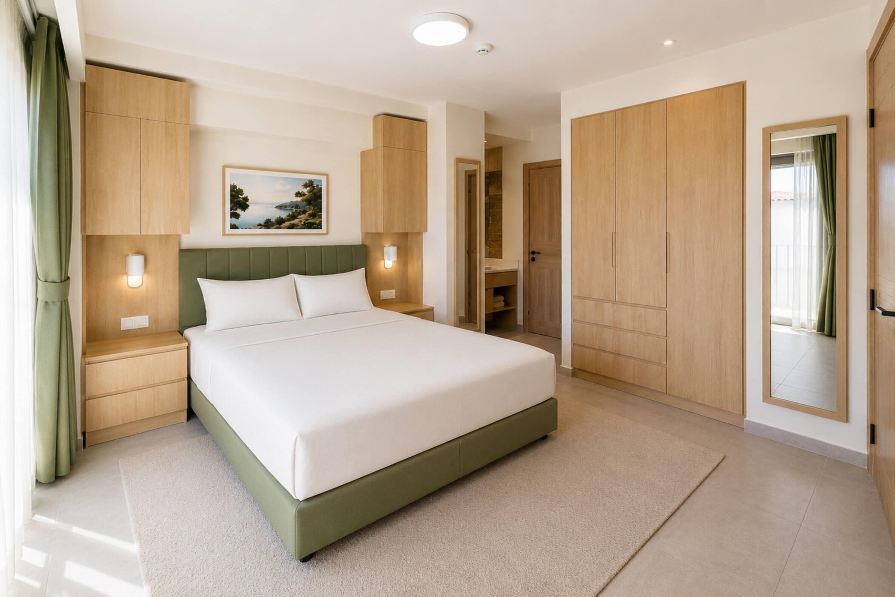 A modern bedroom with a large bed, wooden wardrobe, and a nightstand with a lamp.