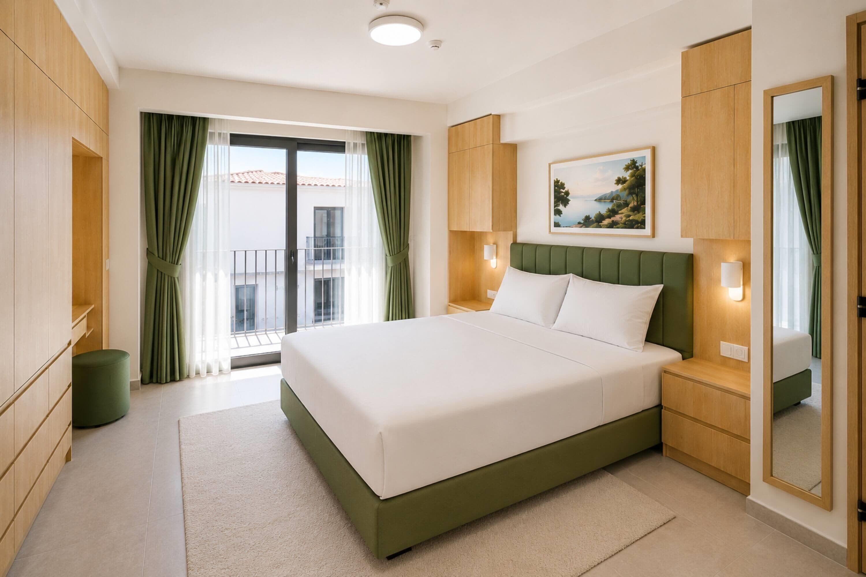 Una habitación de hotel moderna con una cama grande, un cabecero tapizado en verde, una mesita de noche, una lámpara y un cuadro en la pared.