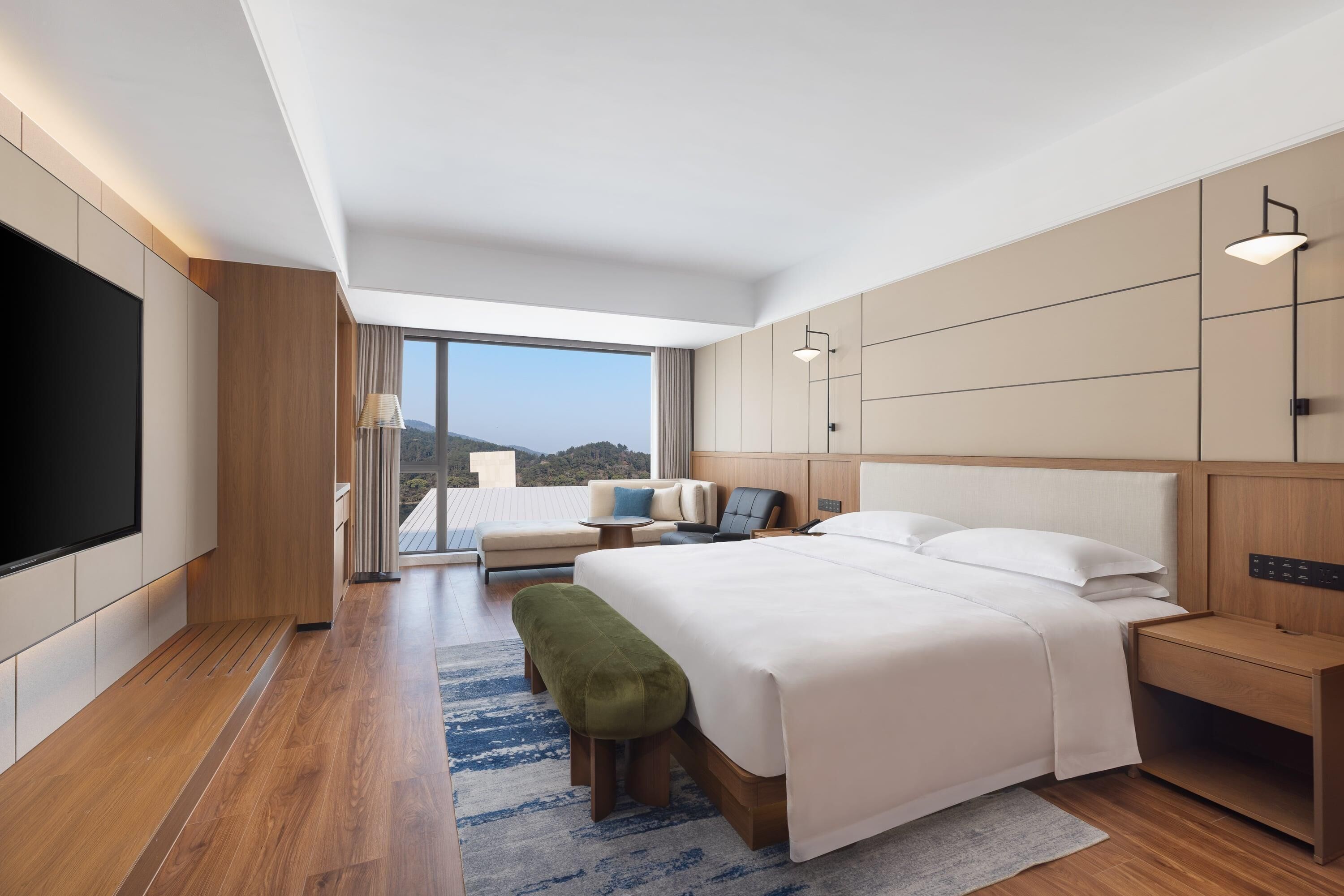 A modern hotel room with a large bed, a flat-screen TV, a sofa, and a view of the outdoors.