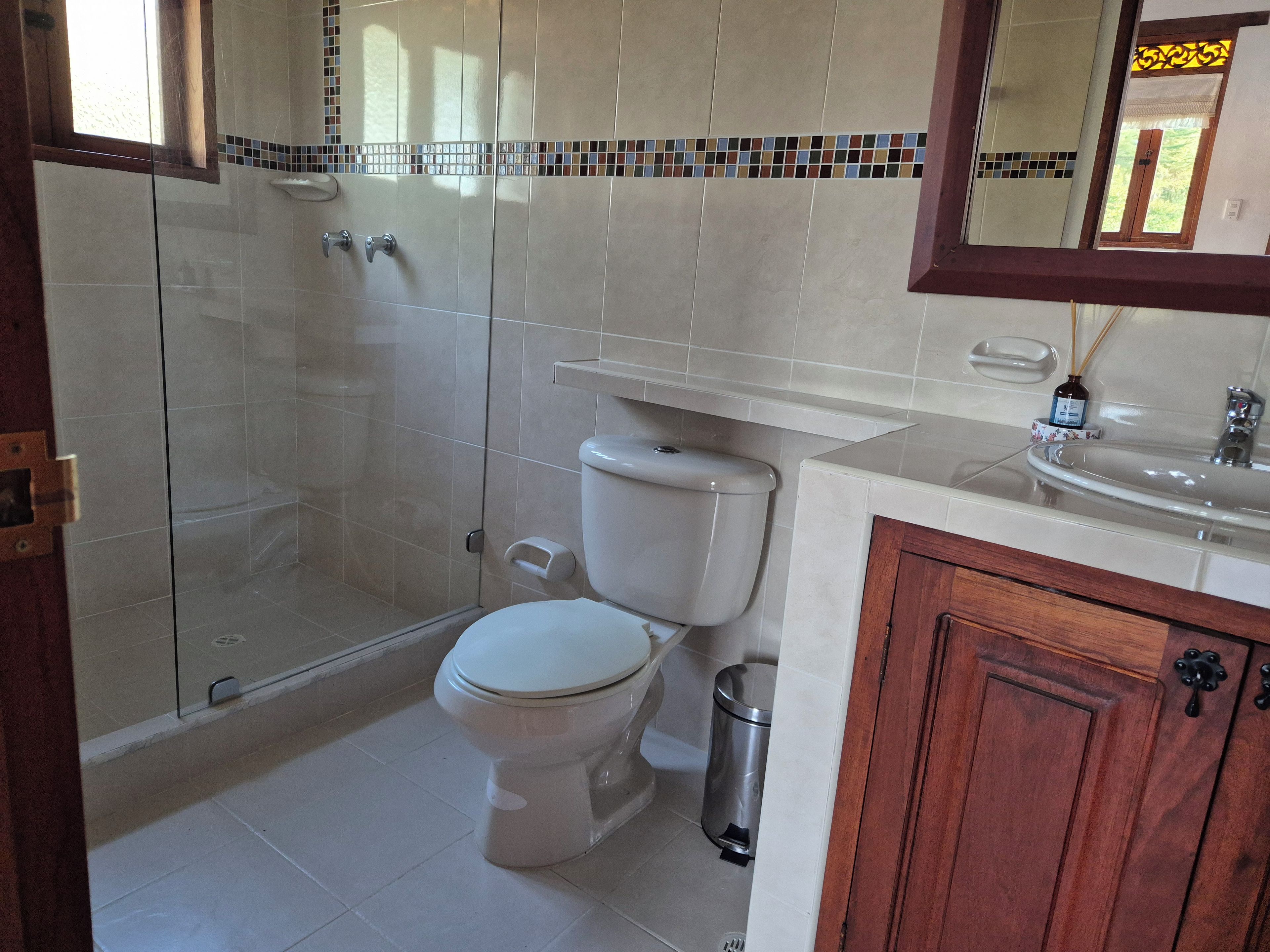 Une salle de bain comprenant des toilettes, une douche en verre, un lavabo et un miroir.