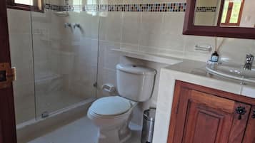 Une salle de bain comprenant des toilettes, une douche en verre, un lavabo et un miroir.