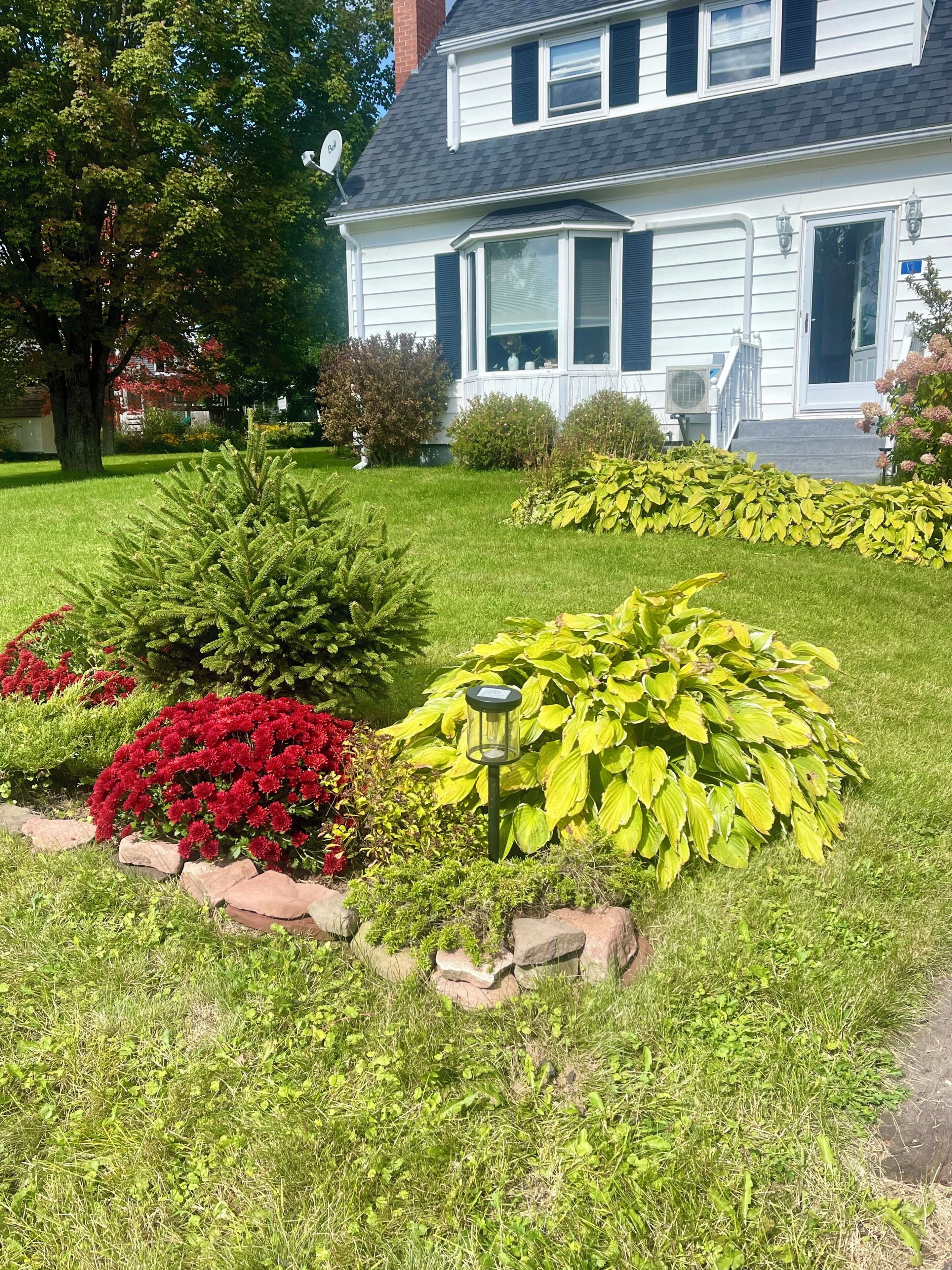 A two-story house with a well-maintained lawn, various shrubs, and a satellite dish.