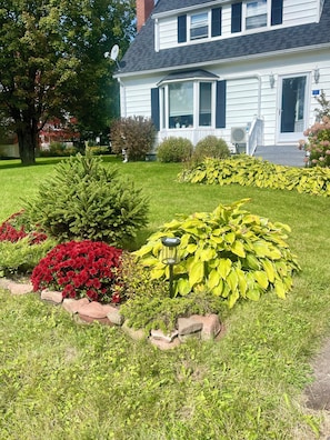 A two-story house with a well-maintained lawn, various shrubs, and a satellite dish.