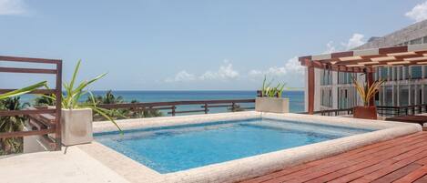 A rectangular pool with a wooden deck, surrounded by potted plants, overlooking a clear blue sea.