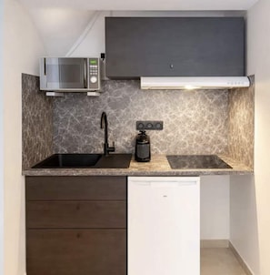 A compact kitchen with a built-in microwave, a sink, and a dishwasher. - Family Appartment off Champs Elysees by Melvane (Paris)
