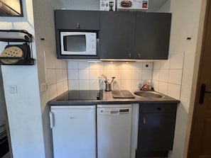 A compact kitchen with a microwave, a small refrigerator, a dishwasher, and a sink. - 100m from ski slopes, 6th floor, balcony, tv, ski locker, 27m², Vars (Vars)