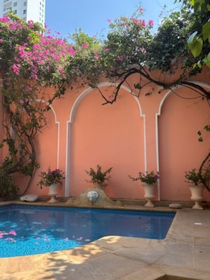 A swimming pool with a pink wall and white arches, surrounded by potted plants and flowering vines. - Historic Waterfront Villa with Dock, Private Pool and Caribbean Charm (Cartagena)