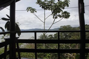 Vista attraverso una finestra con inferriata, che mostra un albero e un corpo d'acqua sullo sfondo.