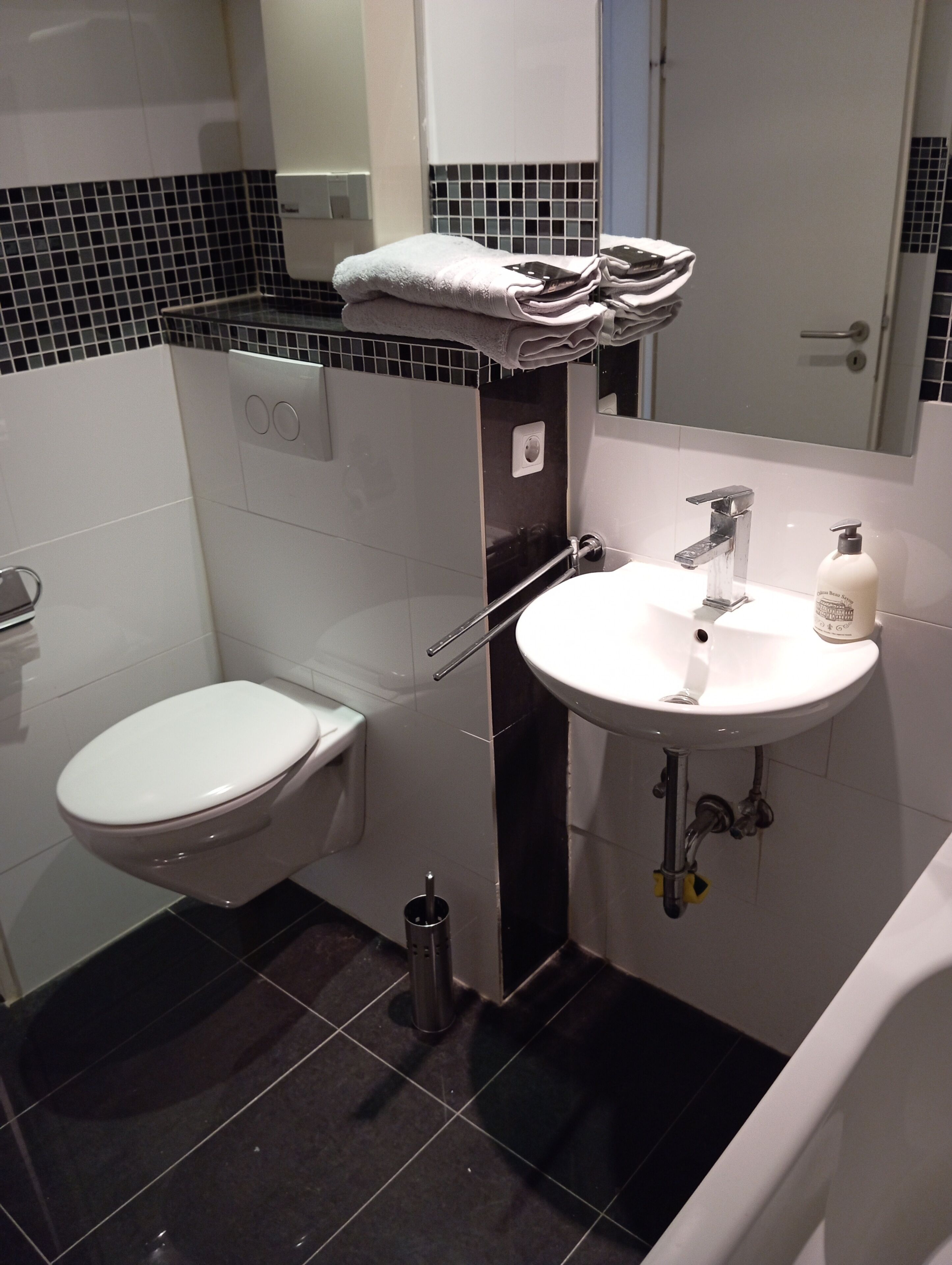 Ein Badezimmer mit Toilette, Waschbecken und Handtuchhalter.