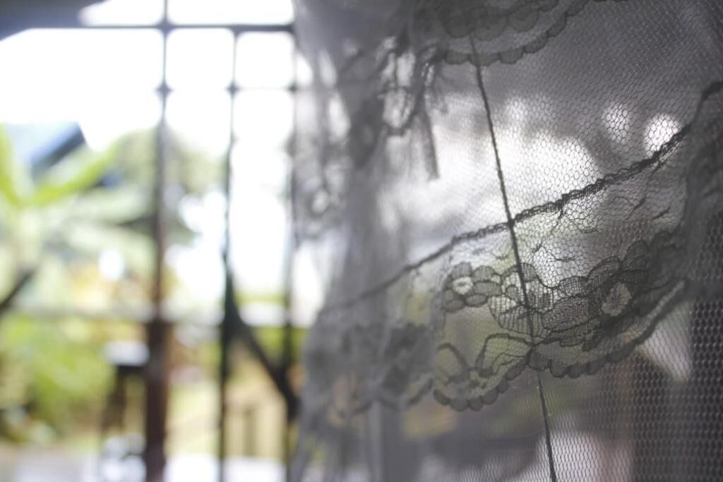 A close-up of a lace curtain with a window in the background.